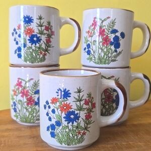 Vtg Floral Stoneware Mug Set (5)